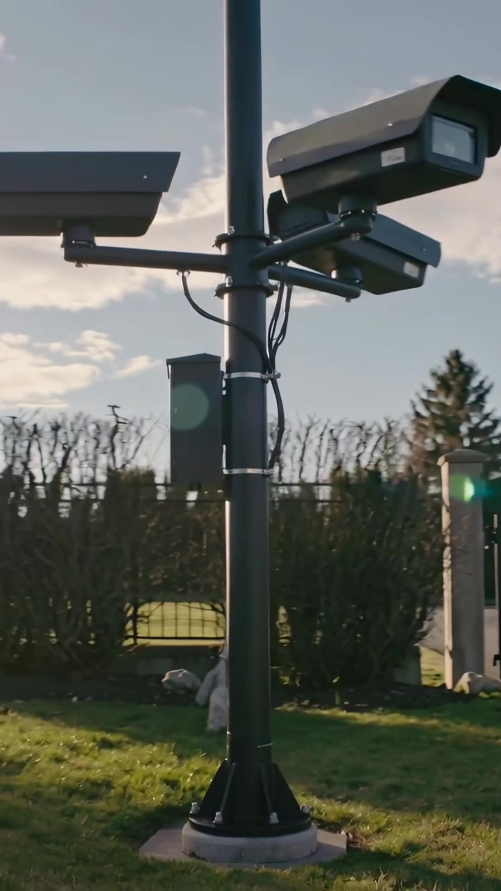 Video verticale: Panoramica mentre la telecamera inizia a girare attorno a un palo di sicurezza mostrando telecamere, scatola, cavi al cancello