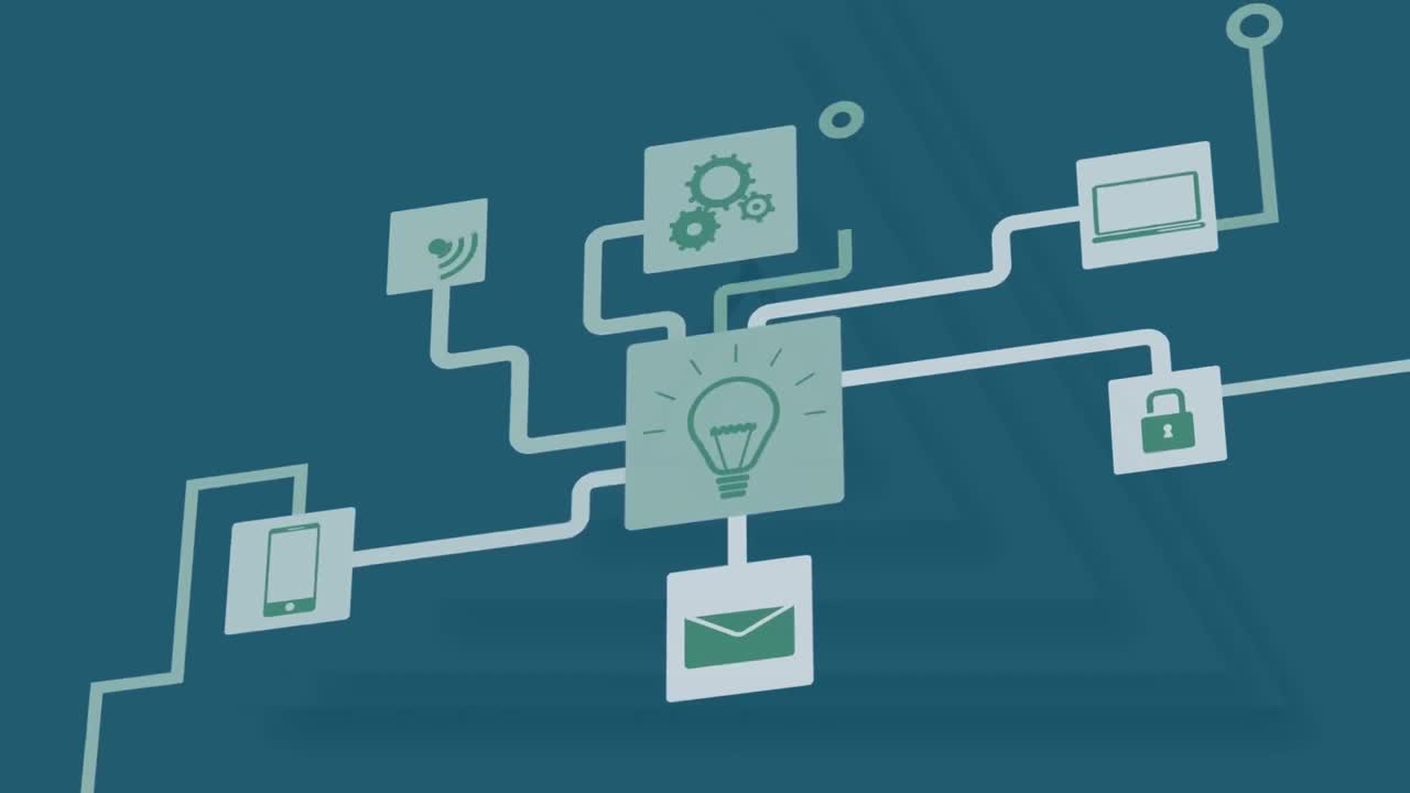 Animation of flow chart of multiple icons over triangles against blue background