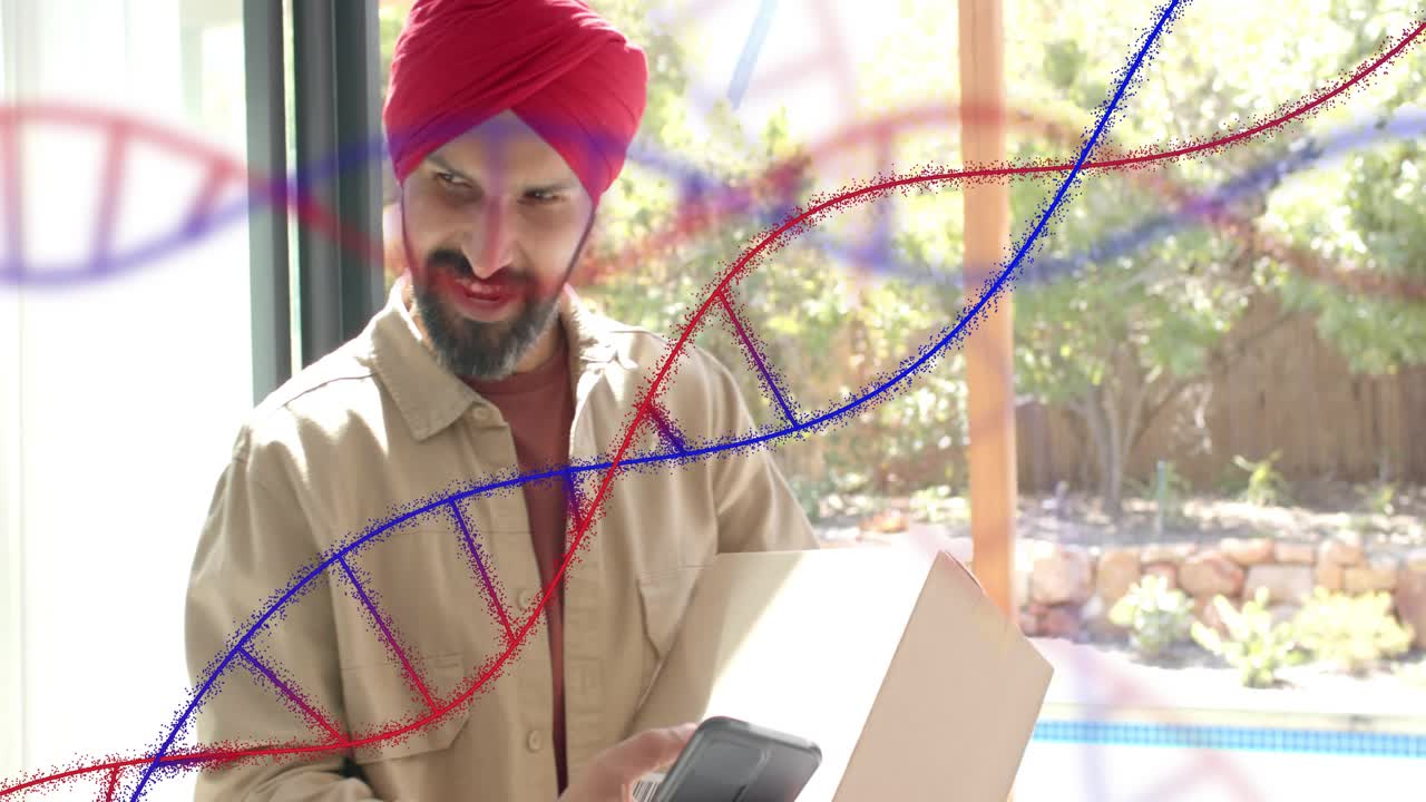 Man holding box tapping phone on delivery alert, confirming delivery, DNA helix over barcode tech