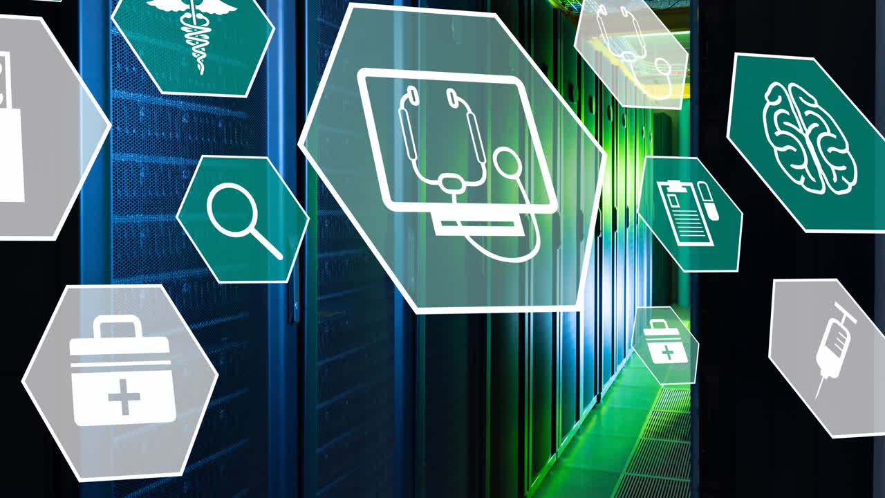 Animation of multiple medical icons against computer server room