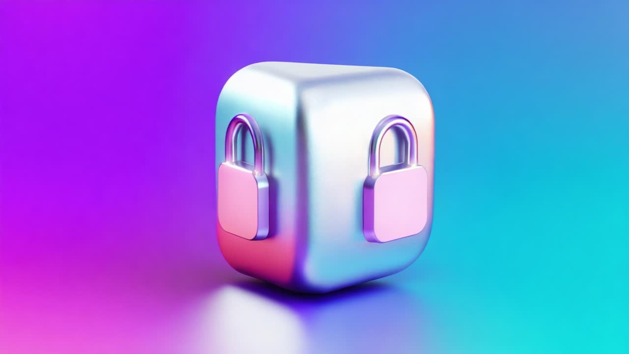 A visually captivating representation of digital security, featuring a shiny cube with padlocks, highlighting themes of protection, encryption, and modern technology in a vibrant gradient background