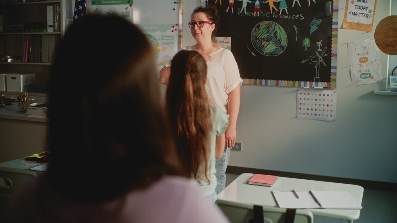 Female Teacher Educating Elementary School Students Green Screen Template on Digital Screen