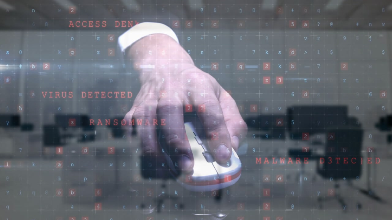 Hand using computer mouse, cybersecurity animation with malware detected text over office