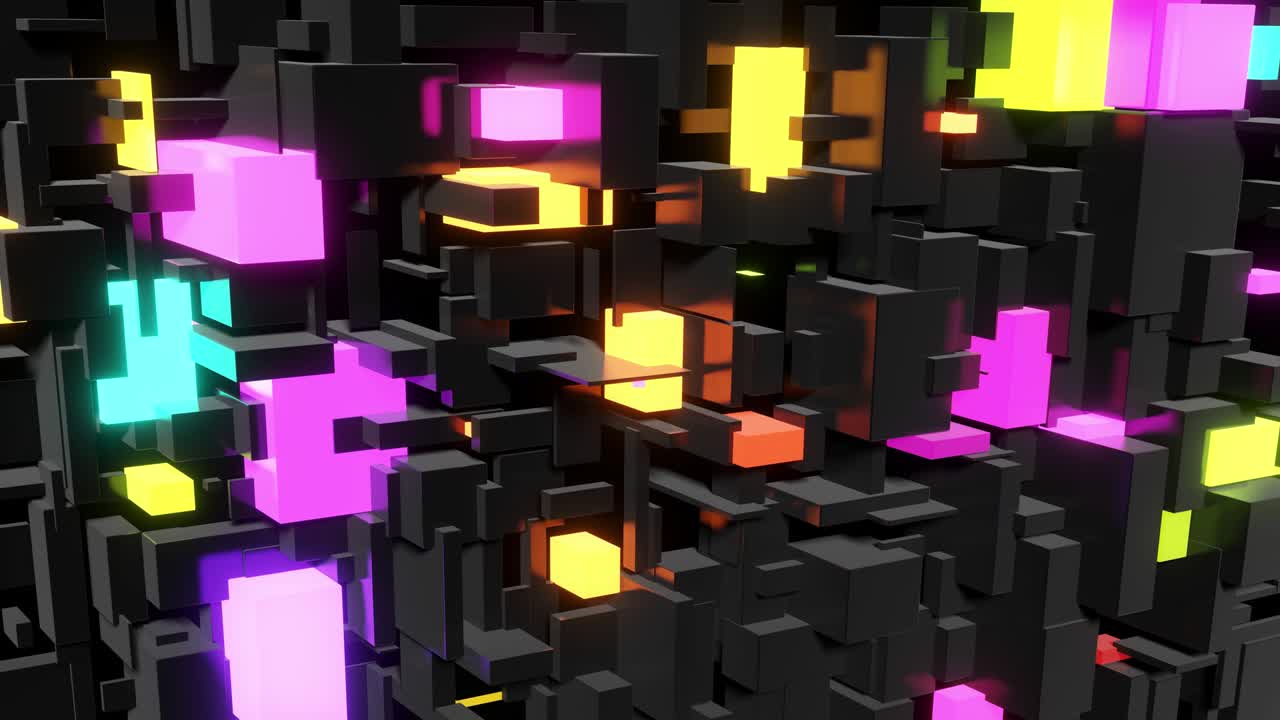 abstract looped 4k fondo oscuro cubos de neón bombillas. visualización de trabajo ai big data o tecnología blockchain. diferentes tamaños de cubos red parpadeando luz de neón multicolor, como la ciudad nocturna.