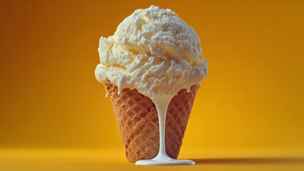 Un Delizioso Viaggio di Gelato che si Scioglie al Sole con una Cremosa Pallina alla Vaniglia che Trabocca dal Cono su uno Sfondo Giallo Brillante