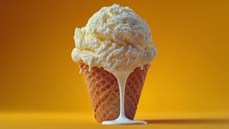 Un Delizioso Viaggio di Gelato che si Scioglie al Sole con una Cremosa Pallina alla Vaniglia che Trabocca dal Cono su uno Sfondo Giallo Brillante