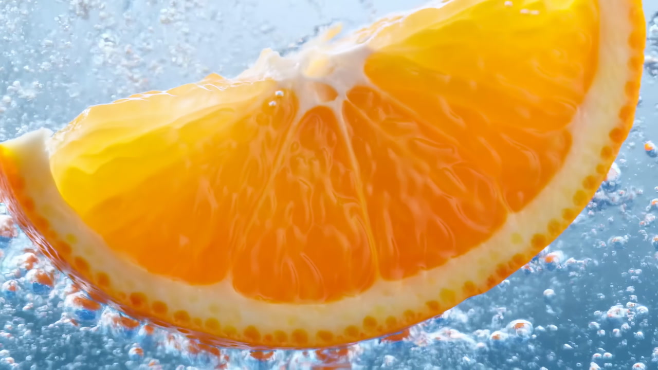 Orange Slice Underwater With Sparkling Bubbles, Closeup Studio Shot Showcasing Vibrant Pulp And Translucent