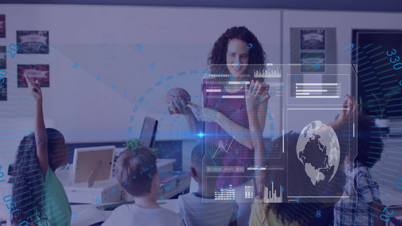 In school, teacher using globe and animation for engaging students in classroom