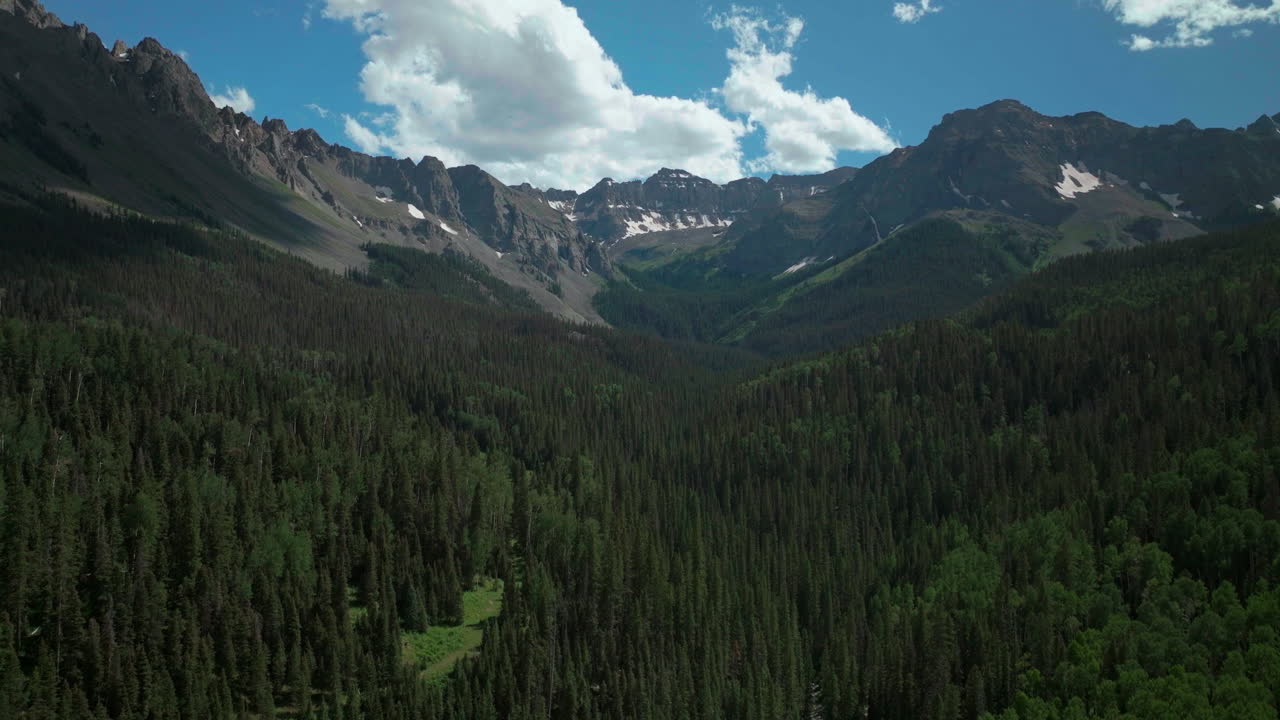 Colorado scenic summer San Juans Rocky Mountains aerial drone cinematic Ridgway Blue Lakes Mount Sniffels Wilderness Dallas Range 14er Million Dollar Highway trailhead blue sky forward movement