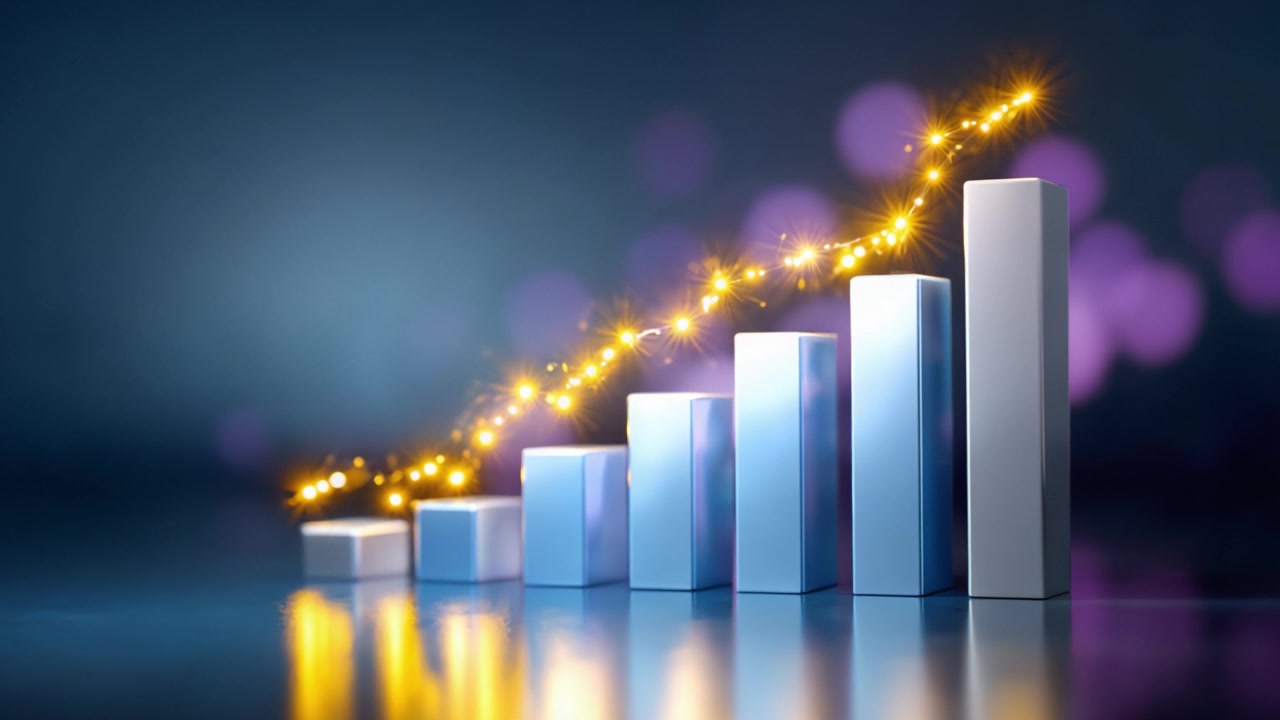A dynamic visual representation of growth, showcasing a series of increasing bar graphs with a shimmering trend line and vibrant blurred backdrop.