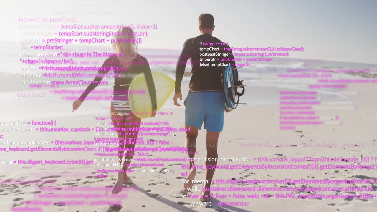 Couple carrying surfboards stepping on shore starting glitching tech overlay as approaching surf