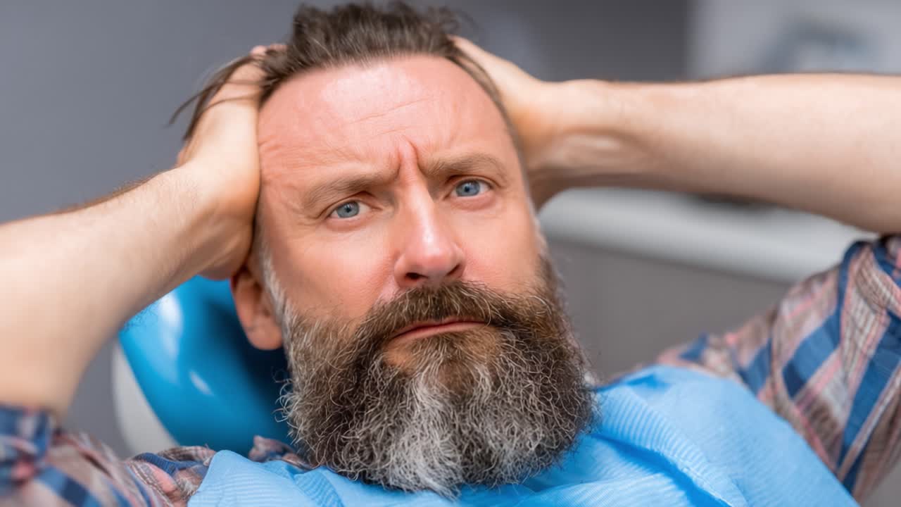 Ansia e attesa: un uomo preoccupato sulla poltrona del dentista lotta con lo stress di un imminente intervento odontoiatrico in un ambiente clinico.