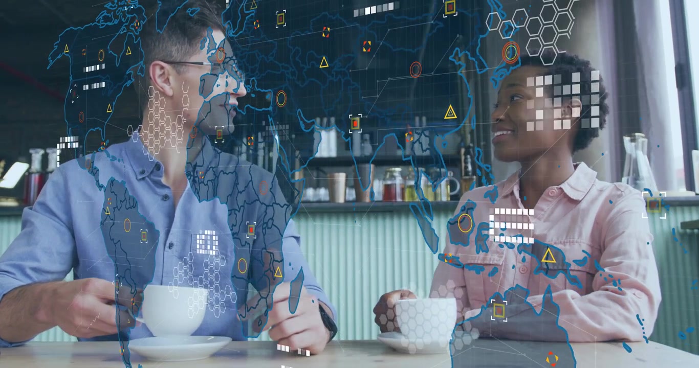 Colleagues Discussing Business Over Coffee with Digital World Map Overlay
