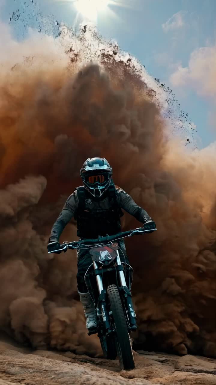 Fotograma de video dinámico de un motociclista atravesando una tormenta de polvo