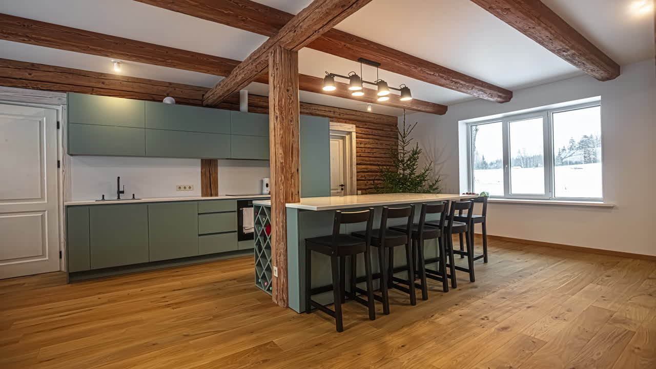 casa elegante y acogedora en un parque nevado con decoración moderna, grandes ventanales, cocina y espaciosa sala familiar