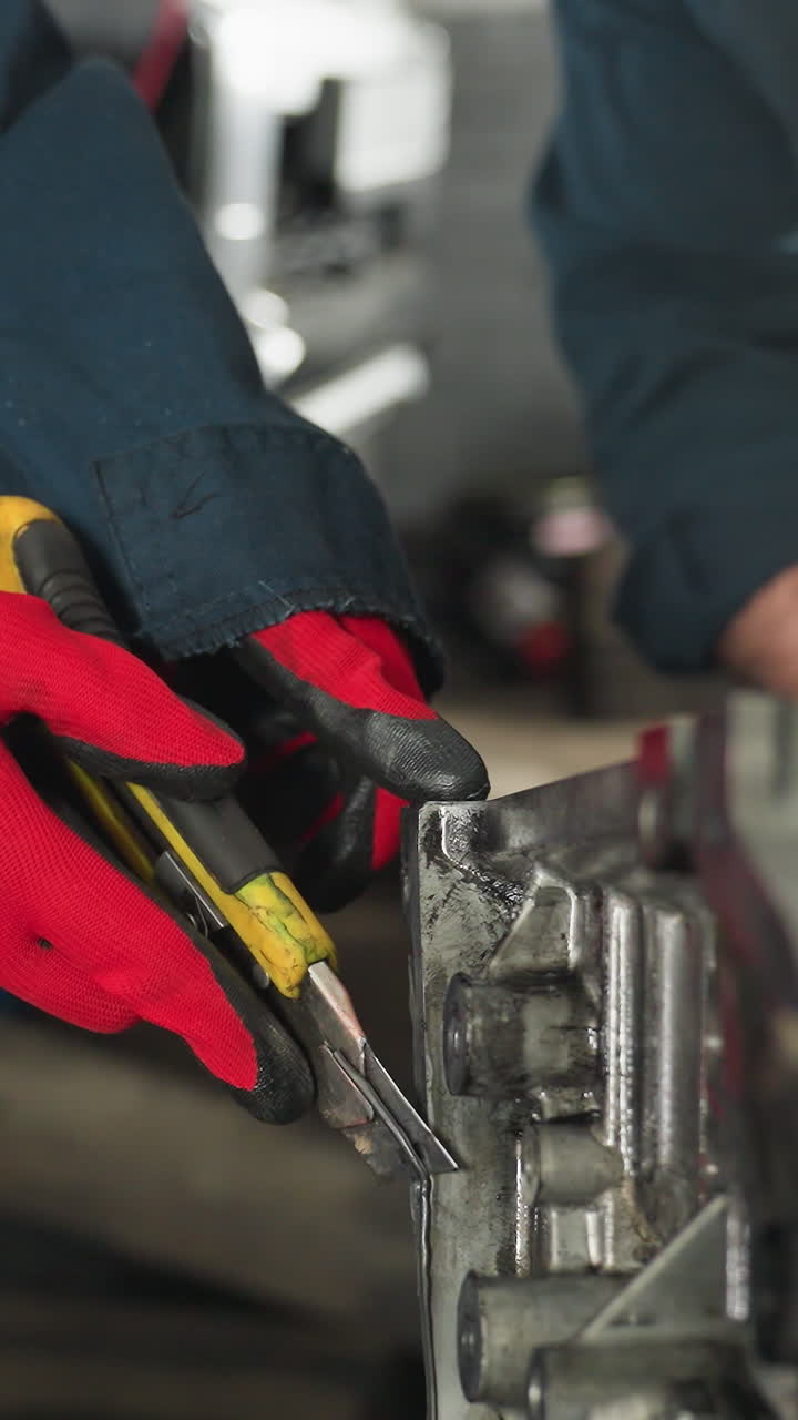 primer plano de mecánicos con uniformes azules trabajando en un motor, uno con guantes rojos raspando el borde mientras el otro con guantes blancos entrega una herramienta y aprieta un perno en un taller automotriz
