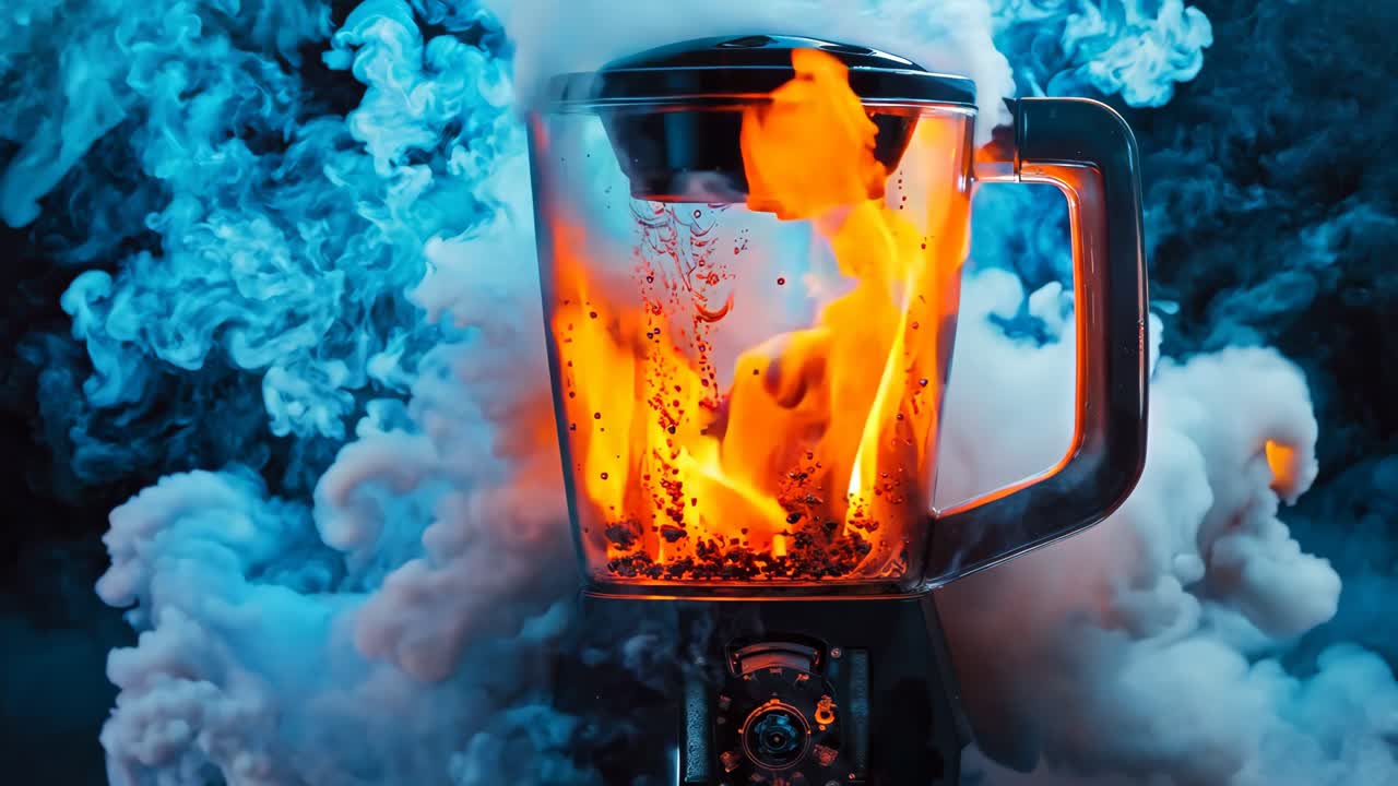 불타는 액체 한 잔 을 가진 블렌더