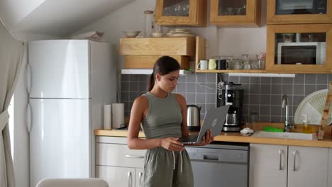 mujer trabajando en una computadora portátil en una cocina doméstica