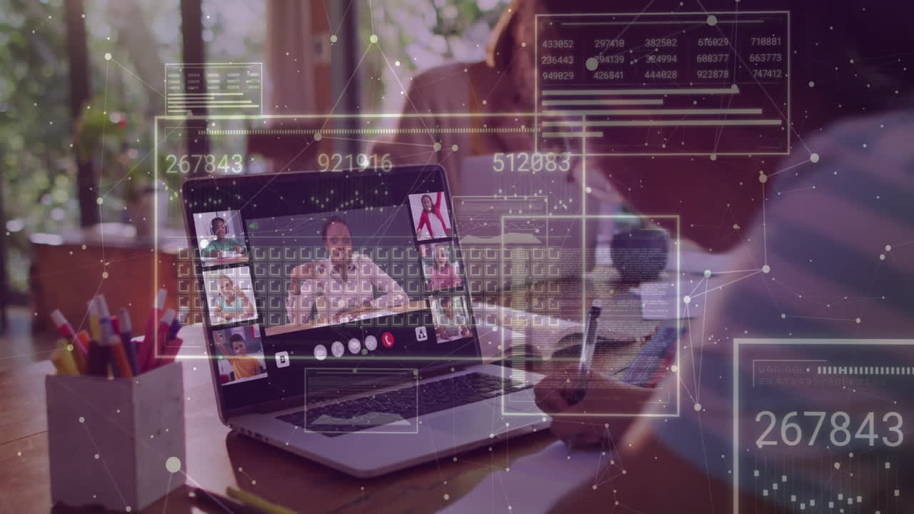 Video call on laptop with digital data processing animation overlay