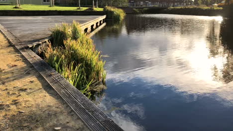 reflection of blue sky and clouds in a city pond