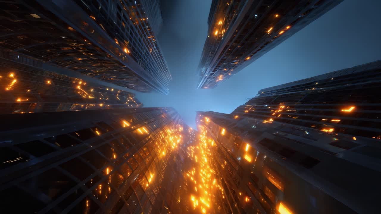 A breathtaking view of towering skyscrapers illuminated by shimmering lights, showcasing a vibrant urban landscape that captivates the imagination, evoking wonder and awe
