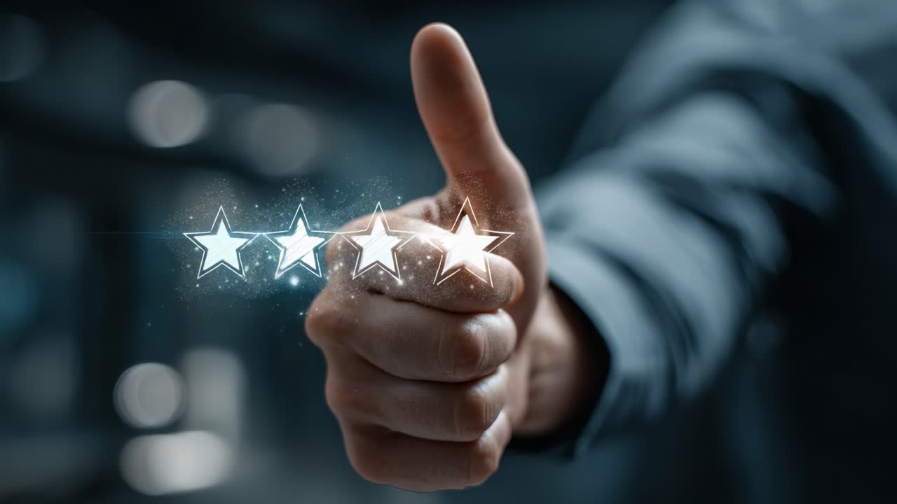 A Dynamic Gesture of Approval: Two Frames Capturing the Essence of Rating with a Thumb and Stars as Symbols of Valuation and Satisfaction