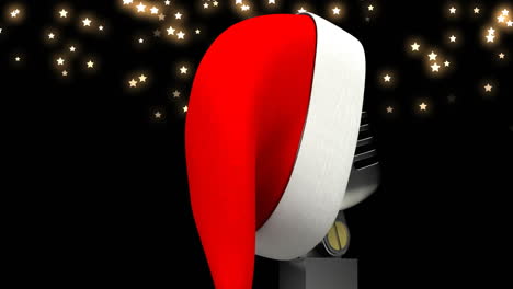 Animation-of-stars-falling-over-microphone-with-christmas-hat-on-dark-background