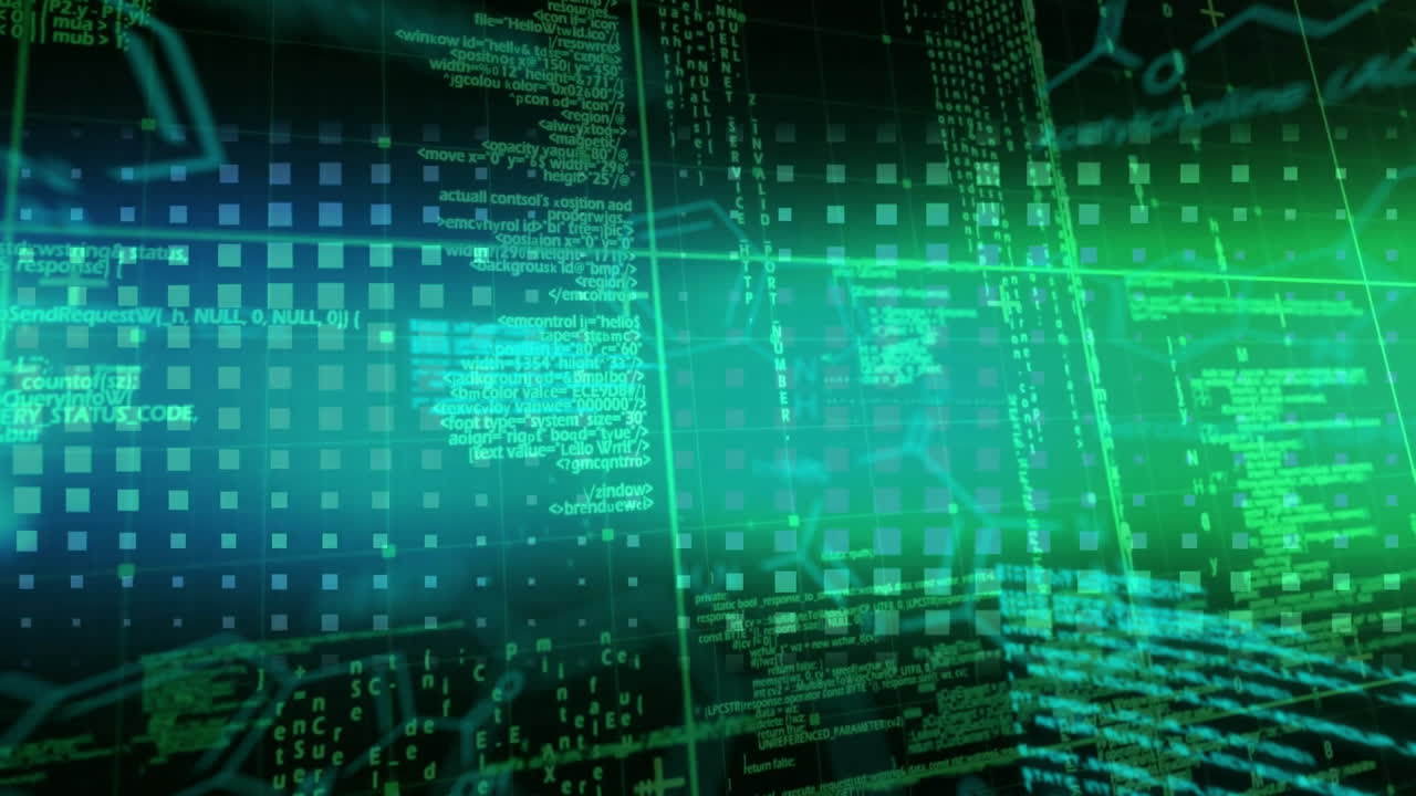Animation of scientific data processing over grid and purple squares