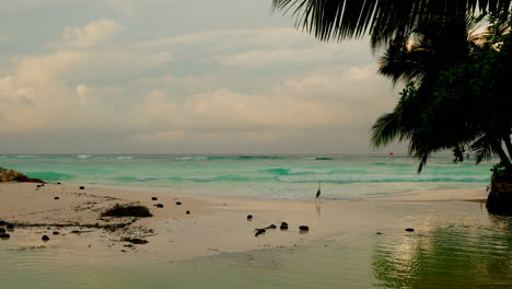 Plano-Amplio-De-Una-Playa-Tropical-Con-Un-Paisaje-Nublado-De-Ensueño-Al-Atardecer