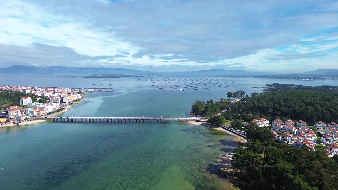 Aerial drone view of mussel rafts o the sea in Pontevedra, Spain