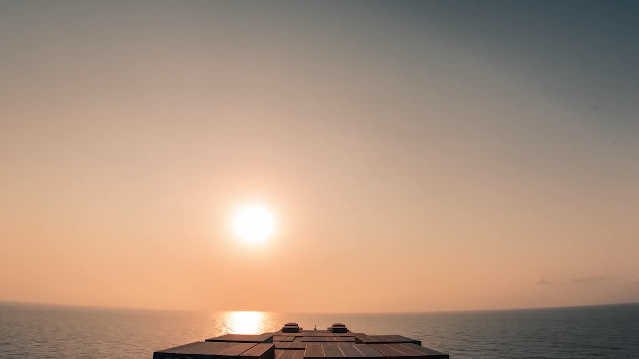 fpv 또는 컨테이너 화물 상자를 탑재 한 거대 또는 큰 화물 선박의 첫 번째 개인 뷰는 날과 밤 동안 별빛 하늘과 빛으로 바다 바물을 항해하고 항해합니다.