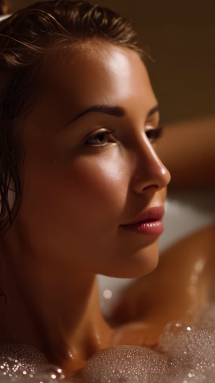 Una bella donna che si rilassa in una vasca piena di bolle, mostrando un'espressione serena e una pelle liscia con una luce soffusa che esalta la sua bellezza naturale