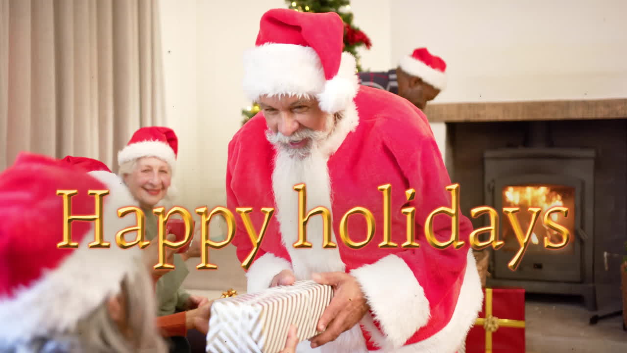 Animação de texto "Boas Festas" sobre Papai Noel e diversos amigos idosos no Natal em casa