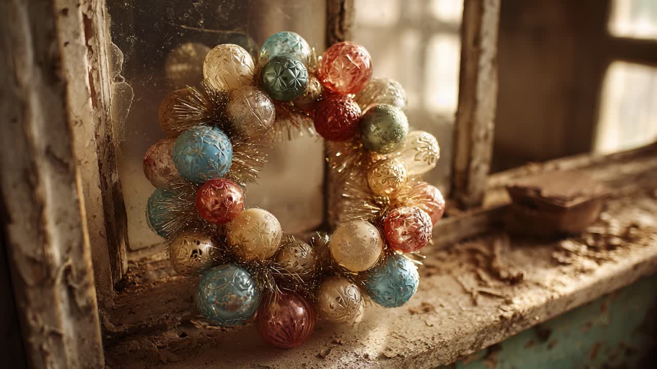 A Beautifully Decorated Holiday Wreath with Shimmering Ornaments Captured in a Rustic Setting, Evoking Memories of Festive Cheer and Vintage Charm
