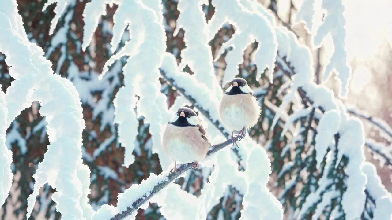 Two birds perched on a snow-covered branch, captured in a close-up angle