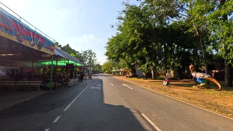 empty road with shops and greenery