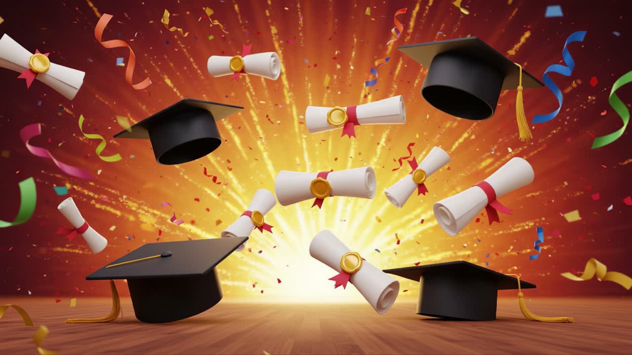 Celebratory Graduation Scene with Caps, Diplomas, and Colorful Confetti: A Festive Moment of Achievement and Joy Captured in Two Dynamic Frames