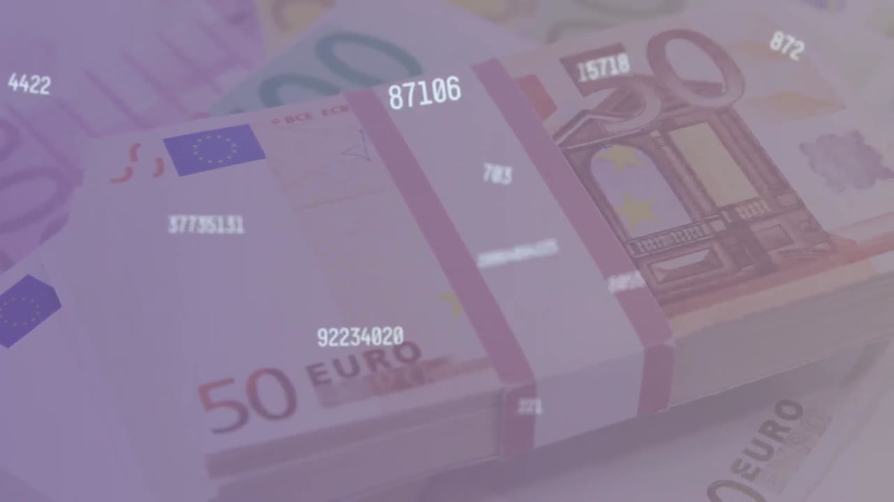 Digital komposition af flere skiftende tal mod eurosedler i baggrunden.