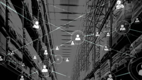 animation of network of connections and icons over warehouse