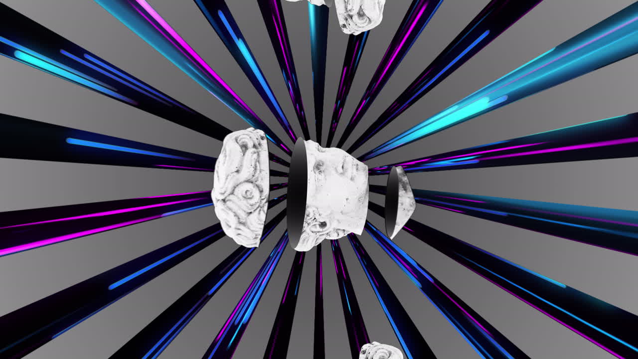 빛의 흔적 위에 고대 조각의 머리의 애니메이션