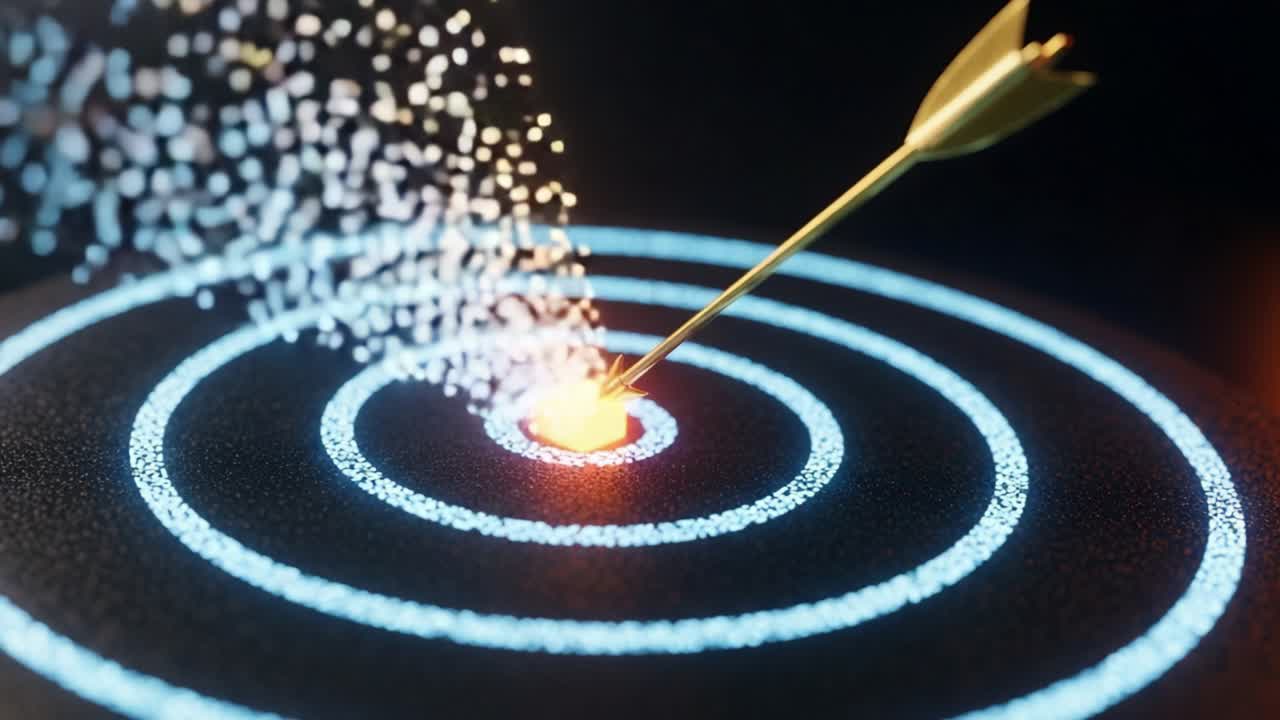 Dynamic Visualization of an Arrow Hitting a Target, Creating a Splash of Sparkles and Light in Circular Concentric Patterns