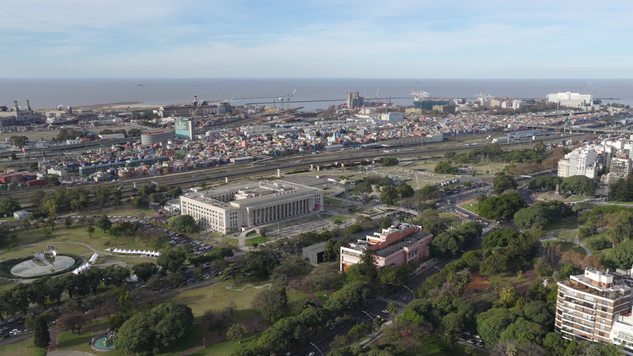 Aerial view of UBA university campus and surrounding Buenos Aires cityscape and green areas