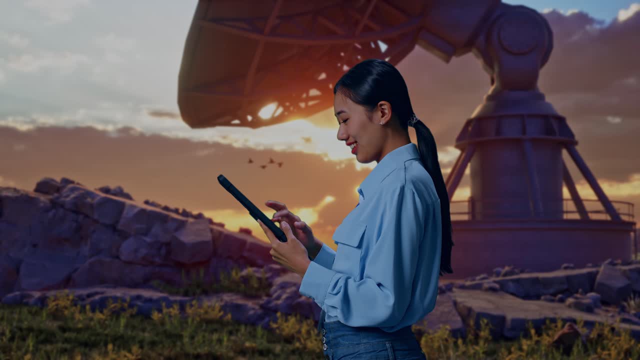 Side View Of An Asian Female Professional Worker Standing With Her Tablet With Large Satellite Dish, Checking On Her Tablet With Meditation