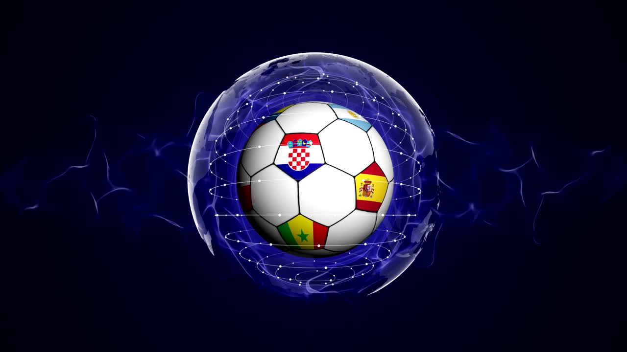 Pallone da calcio e bandiera mondiale in un anello di particelle astratte blu, ZOOM IN \ ZOOM OUT, Animazione, Sfondo, Loop