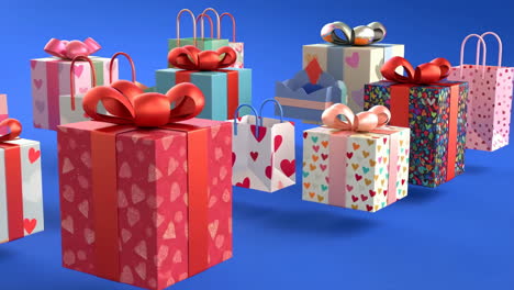 a collection of colorful gift boxes and shopping bags on a blue background