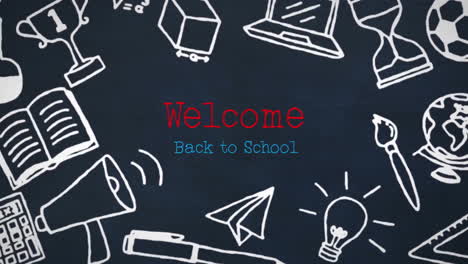 animation of welcome back to school text over school icons