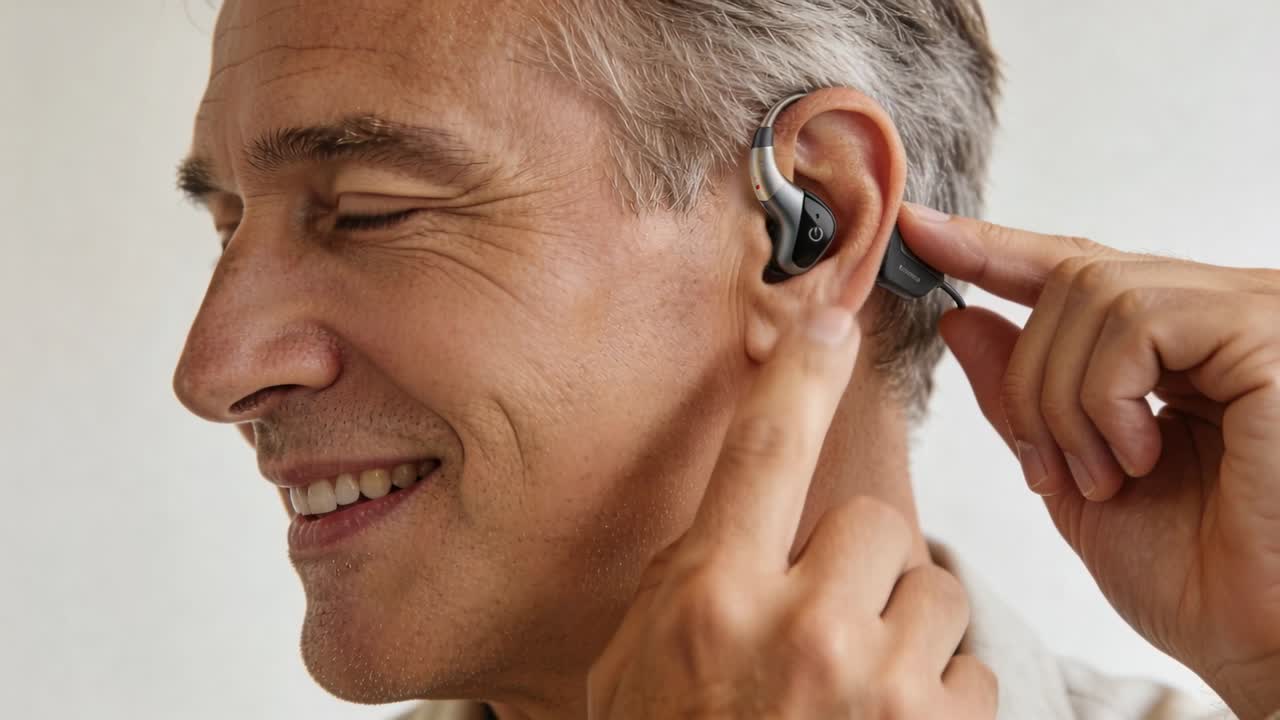 Hombre llevándose el auricular a la oreja, ajustando el gancho y presionando el botón, asegurando un ajuste tecnológico seguro