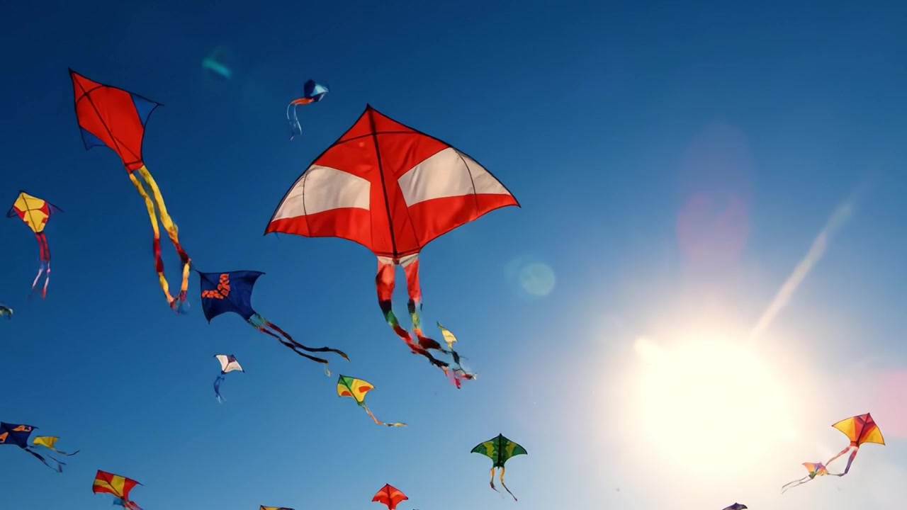 Un vivace spettacolo di aquiloni colorati che si librano con grazia contro un cielo azzurro limpido, catturando l'essenza della libertà e della gioia in una giornata di sole.