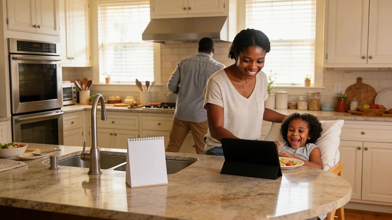 Smiling woman beige-top patting child at kitchen island as man cooking, sun starting meal, tablet