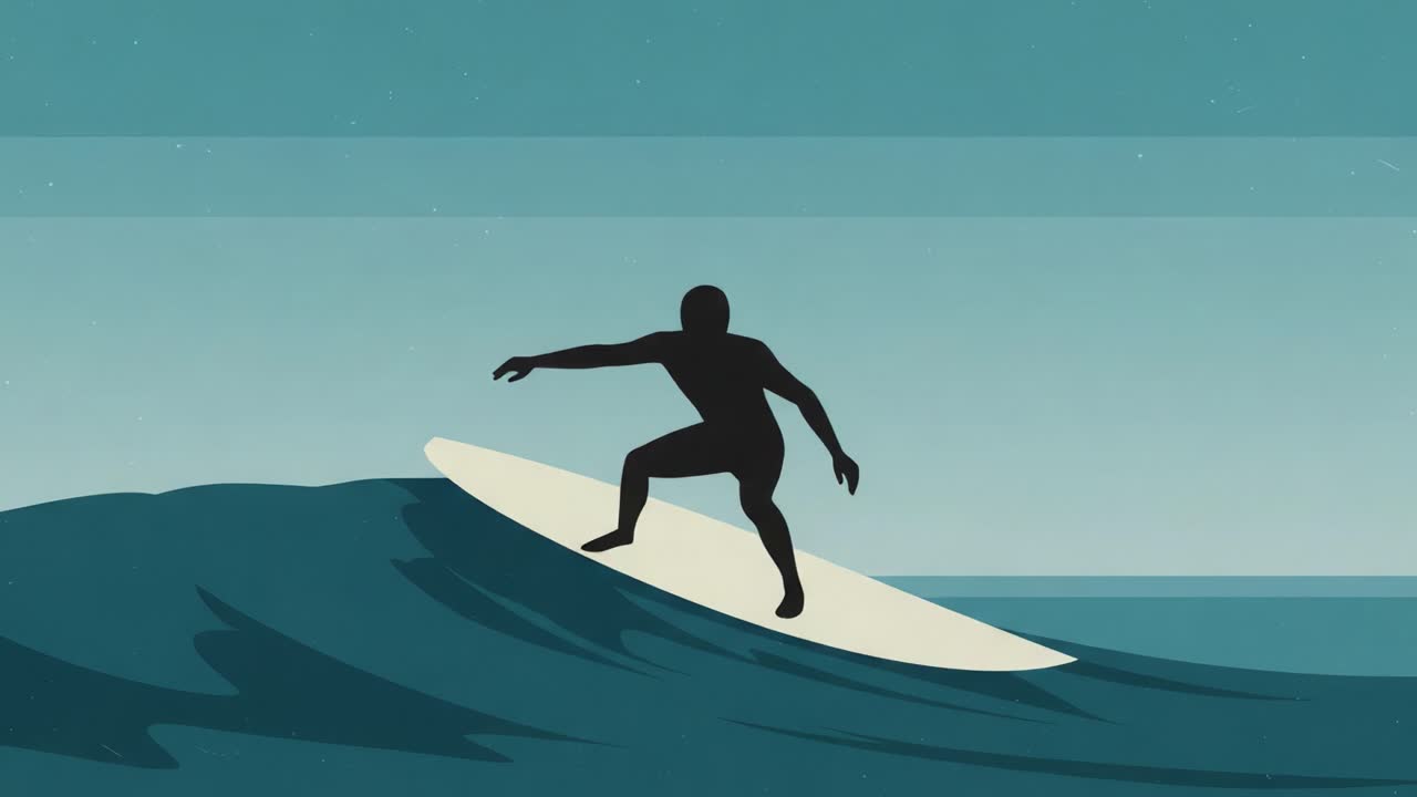 Dinamismo del Surf: Catturare l'Essenza della Cultura del Surf in un Design Minimalista con un Surfista che Cavalca un'Onda in un Contesto Oceanico Sereno.